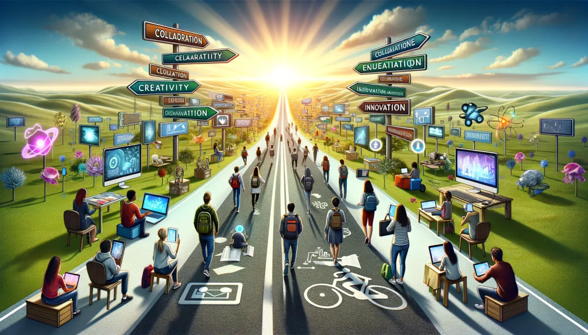 This wide image artistically represents the concept 'The Road to Engagement is Paved with Good Intentions' in the context of online tutoring. It metaphorically depicts a road set within a digital landscape, leading toward a horizon replete with innovative educational tools and actively engaged students. Diverse students of various descents are seen journeying along this path, equipped with laptops, tablets, and virtual reality gear, symbolizing their progressive path in online learning. The road is lined with signposts bearing key concepts such as 'collaboration', 'creativity', and 'innovation', underscoring their critical importance in crafting engaging online learning experiences. This image beautifully melds elements of a digital journey with educational aspirations, highlighting the dedication to enhancing student engagement in the realm of online tutoring.