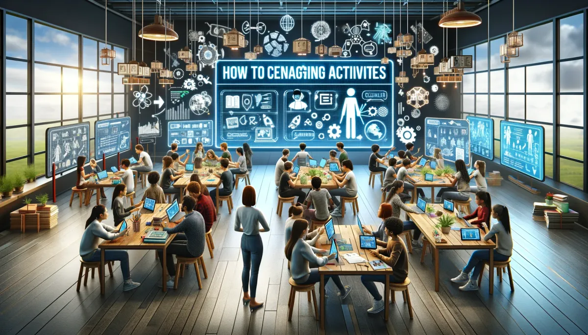 This wide image vividly portrays 'How to Create Engaging Activities' in the context of online tutoring. The scene unfolds in a virtual interactive workshop where a diverse group of students of various descents, along with an educator, are engaged in the creative process. The educator is seen guiding the students in crafting engaging activities using an array of digital tools, including interactive games, virtual simulations, and collaborative projects on tablets and computers. The students are actively brainstorming, experimenting with these digital tools, and participating in the creation process. The environment is dynamic and supportive, with screens and boards around the room displaying creative ideas and guidelines for developing interactive and stimulating activities. This image encapsulates the innovative approaches used in designing engaging educational activities, emphasizing their importance in fostering active participation and learning in an online tutoring setting.