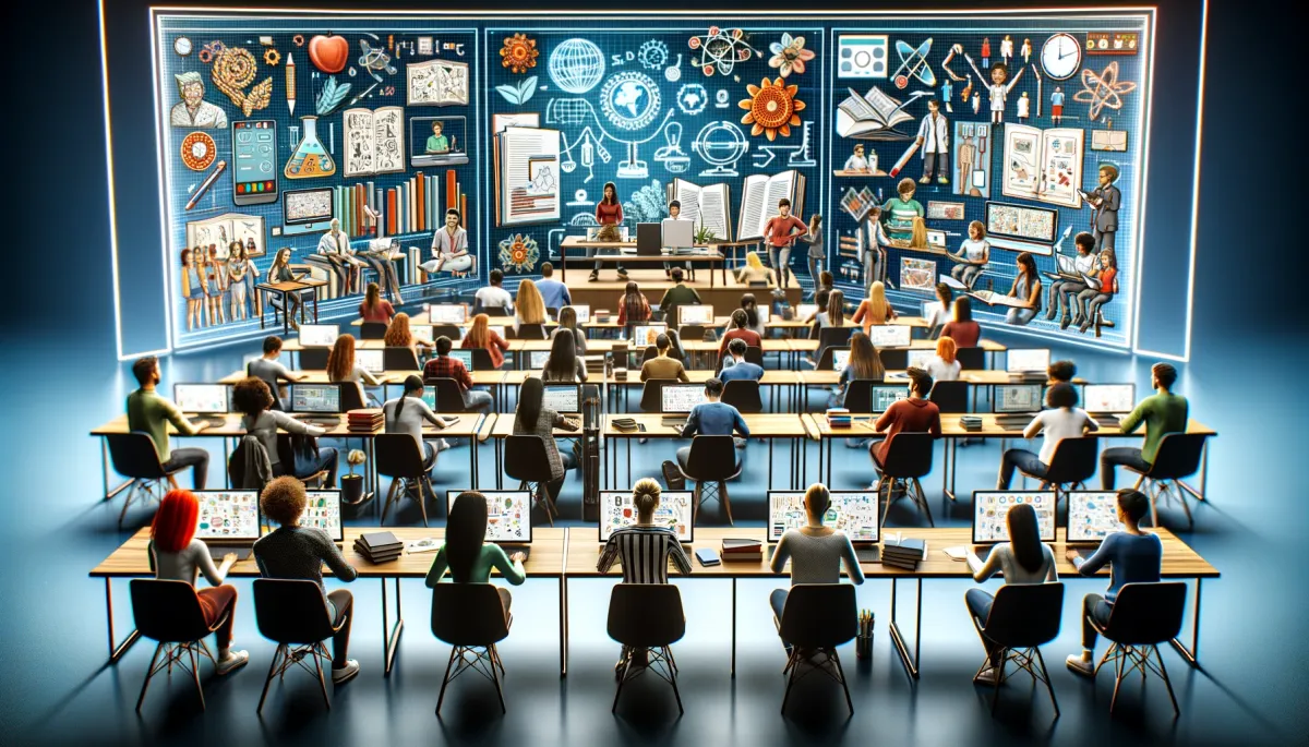 This wide image dynamically showcases 'Types of Assignments and Activities in Online Tutoring'. It features a diverse group of students of various descents, each immersed in different types of assignments and activities within a digital classroom environment. The students are engaging with a variety of educational tasks using interactive tools. These include conducting virtual lab experiments, participating in creative writing on digital platforms, collaborating on group projects, and answering interactive quizzes. The setting is a tech-forward and innovative space, with screens around the classroom displaying various types of assignments and interactive activities. This visual representation highlights the diversity and creativity in online tutoring methods, emphasizing their role in enhancing student participation and enriching the learning experience.