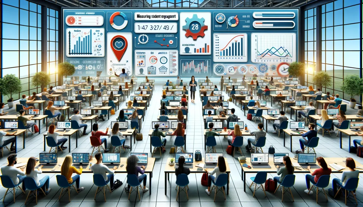 This wide image represents 'Measuring Student Engagement' in the context of online tutoring. It displays a diverse group of students of various descents, each absorbed in different online activities and assignments. Some students are seen participating in interactive quizzes, others engaged in group discussions, and a few conducting individual research. The scene includes elements like digital engagement meters, analytics graphs, and feedback forms on screens, symbolizing the tools and methods employed to gauge student engagement effectively. Educators are depicted analyzing these metrics and fine-tuning their strategies to enhance the learning experience. The modern digital classroom setting underscores the fusion of education and technology, emphasizing the importance of monitoring and improving student participation and learning outcomes.