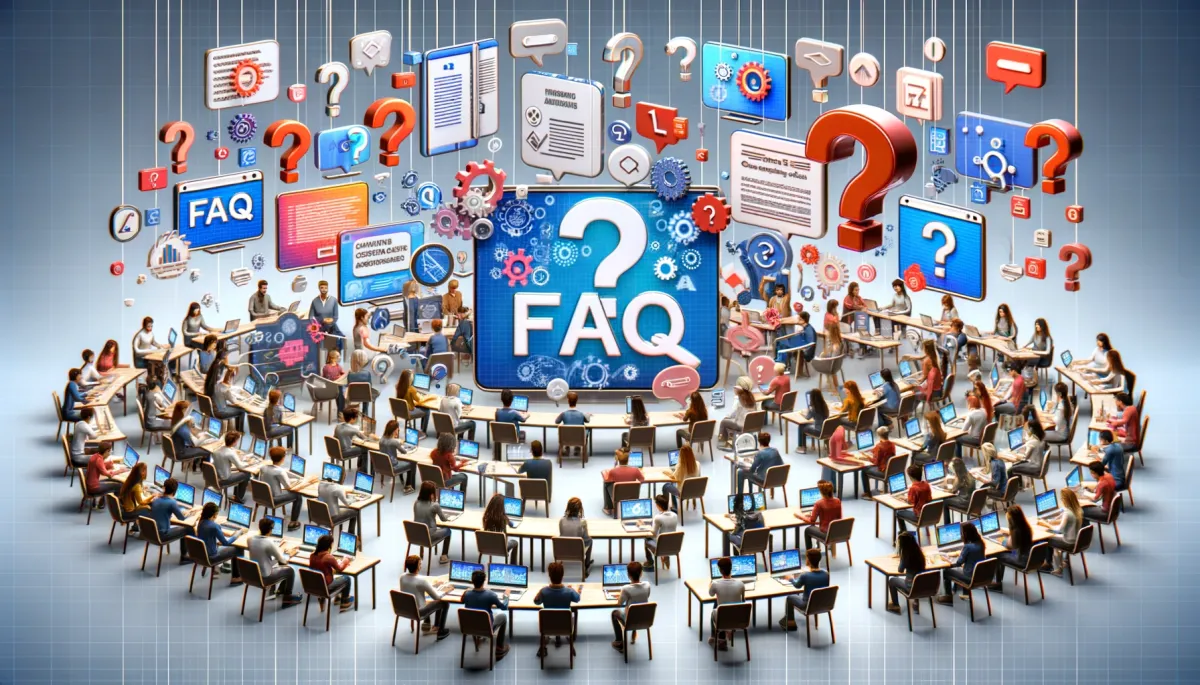 This wide image visually represents the 'FAQ' section for the article on 'Creating Engaging Assignments And Activities In Online Tutoring'. It depicts a digital classroom setting filled with a diverse group of students of various descents. Each student is engaging with interactive tools and actively seeking answers to common questions related to online tutoring. They are surrounded by floating question marks and screens that display FAQs about creating engaging assignments and activities. Some students are immersed in discussions, while others are diligently researching on laptops and tablets. The classroom embodies a blend of technology and education, symbolizing a space brimming with curiosity and knowledge-sharing. Here, students are depicted as actively involved in seeking and finding guidance to enhance their online learning experiences.