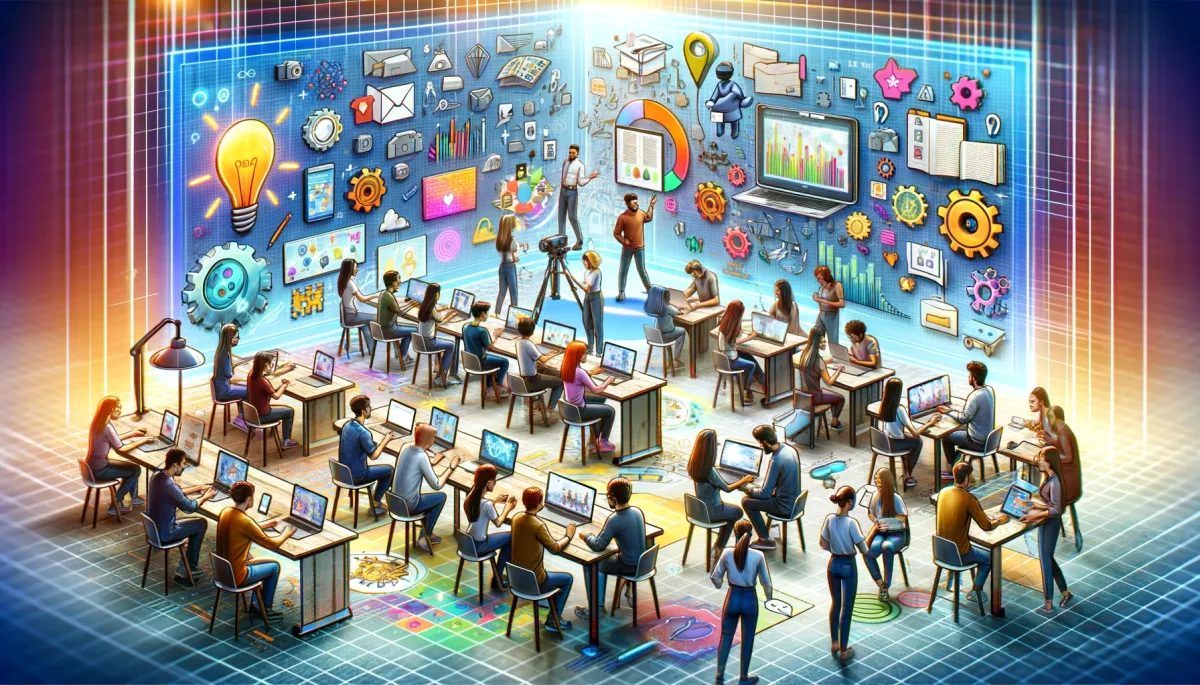 This wide image vividly illustrates 'Creating Engaging Assignments And Activities In Online Tutoring'. It showcases a dynamic and diverse online tutoring environment with students of various descents. These students are deeply involved in a range of interactive assignments and activities, utilizing digital tools such as laptops, tablets, and virtual reality headsets. They are collaborating on creative projects, engaging in virtual simulations, and solving interactive puzzles. The environment is lively and innovative, highlighted by digital boards adorned with colorful charts and graphs. These visual elements symbolize the thoughtful planning and development of engaging, educational online assignments and activities, aimed at enhancing the learning experience and participation of students in an online educational setting.