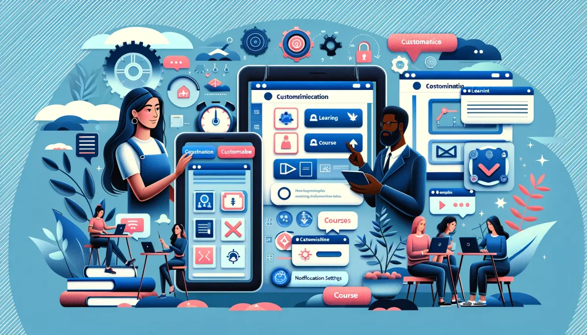 This wide image effectively illustrates the extensive customization options available in online tutoring platforms, set within a digitally advanced learning environment. The scene is segmented into various sections, each showcasing different aspects of customization. One part of the image features a Middle-Eastern woman and a Caucasian man actively adjusting the settings of a learning platform, symbolizing the capability for personalizing the learning experience according to individual preferences. Another section displays a South Asian woman and a Black man engaged in selecting different educational modules and courses, highlighting the platforms' flexibility in course selection to meet diverse educational needs. A third segment shows a Hispanic woman and an Asian man customizing notification settings and learning paths on a tablet, representing the adaptability of these platforms to suit various learning styles and requirements. The background is enriched with graphical elements such as sliders, checkmarks, and customizable interface designs, emphasizing the broad spectrum of customization options offered by online tutoring platforms to cater to the unique needs and preferences of learners.