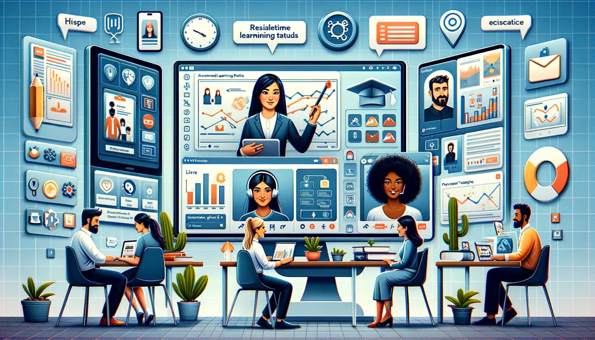 This wide image provides a comprehensive illustration of the essential features of online tutoring platforms, set within a virtual learning environment. The scene displays various key features across multiple screens, each highlighting an indispensable aspect of online tutoring. One screen shows an interactive whiteboard in use by a Middle-Eastern woman and a Caucasian man, underscoring the importance of real-time collaboration tools for interactive learning. Another screen captures an Asian woman and a Black man utilizing a platform's advanced analytics and progress tracking capabilities, emphasizing the critical role of personalized learning paths and continuous progress monitoring. A third screen features a Hispanic woman and a South Asian man engaged in a live video tutoring session, demonstrating the necessity for high-quality video and audio communication in online education. The background of the image is a montage of digital educational elements, including icons representing accessibility, user-friendliness, and comprehensive resource libraries, reflecting the multifaceted and comprehensive nature of well-equipped online tutoring platforms. Overall, the image effectively conveys the key features that are vital for effective and engaging online tutoring, highlighting the diverse ways these platforms cater to a range of educational needs and preferences.