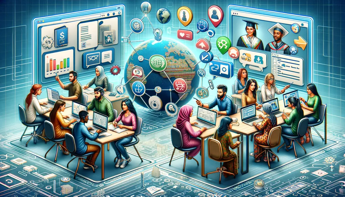 This wide image thoughtfully represents the integration of third-party tools into online tutoring platforms, set within a digital classroom environment. The scene is divided into various sections, each highlighting the use of different third-party tools that enhance the learning experience. One part of the image features a Middle-Eastern woman and a Caucasian man engaged with a collaborative document editing tool, symbolizing the facilitation of real-time collaboration and document sharing. Another section showcases a South Asian woman and a Black man interacting with an interactive quiz tool, emphasizing the role of gamification in making learning more engaging and interactive. A third segment portrays a Hispanic woman and an Asian man utilizing a language translation tool, reflecting the importance of multilingual communication in a global learning environment. The background is adorned with digital icons and network lines, representing the seamless and integrative nature of these diverse tools within online tutoring platforms. Overall, the image visually conveys the significant impact and necessity of third-party tool integration, highlighting how these tools enrich the functionality, versatility, and effectiveness of online tutoring platforms.