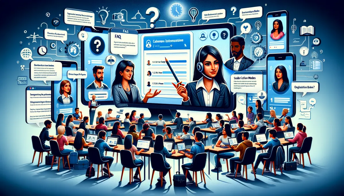 This wide image creatively represents a compilation of frequently asked questions (FAQs) about online tutoring platforms, set in a vibrant virtual environment. The scene is composed of various groups of students and tutors from diverse ethnic backgrounds, each engaged in dynamic discussions. One section of the image showcases a South Asian woman tutor thoughtfully answering a query from a group of students, including a Black man and a Caucasian woman, symbolizing the common inquiries about platform features and usability. Another part of the image features a Middle-Eastern man tutor using a large interactive display to address FAQs related to subscription models and pricing, with an engaged audience including a Hispanic woman and an Asian man. A third area brings to life an animated Q&A session, where a Caucasian man tutor and a group of students, comprising a Middle-Eastern woman and a South Asian man, are actively discussing topics like security and privacy concerns. The background is subtly adorned with elements such as question marks, digital tablets, and interactive boards, underscoring the theme of inquiry, knowledge exchange, and learning in the realm of online tutoring platforms. Overall, the image visually encapsulates the interactive and informative nature of addressing FAQs, highlighting the essential role of clear communication and information dissemination in the context of online tutoring.