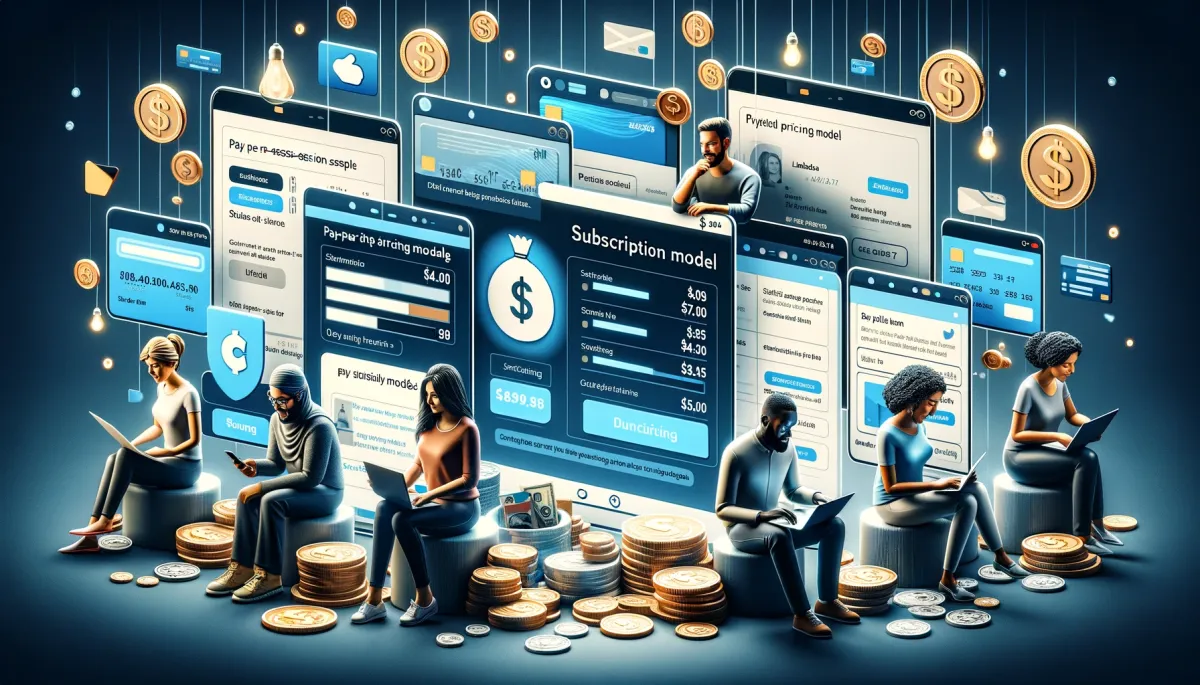 This wide image provides an insightful depiction of the various pricing models adopted by online tutoring platforms. The scene is composed of multiple virtual screens, each representing a distinct pricing model, illustrating the diverse financial options available in the online tutoring market. One screen displays a subscription-based model, featuring a Middle-Eastern woman and a Caucasian man engaged in a discussion over the terms and conditions on a digital interface, symbolizing the appeal of regular, predictable costs. Another screen portrays a pay-per-session model, where a Black woman and an Asian man are seen reviewing the pricing details for individual tutoring sessions, emphasizing the flexibility of paying per use. A third screen shows a tiered pricing structure, with a South Asian woman and a Hispanic man examining different package options and their respective features, highlighting the customization of services based on various budget levels. The background of the image is filled with graphical representations of coins, credit cards, and price tags, subtly underlining the financial considerations inherent in choosing an online tutoring platform. Overall, the image vividly explores the range of pricing models available, highlighting how different platforms cater to the diverse budgetary needs and preferences of learners and tutors.