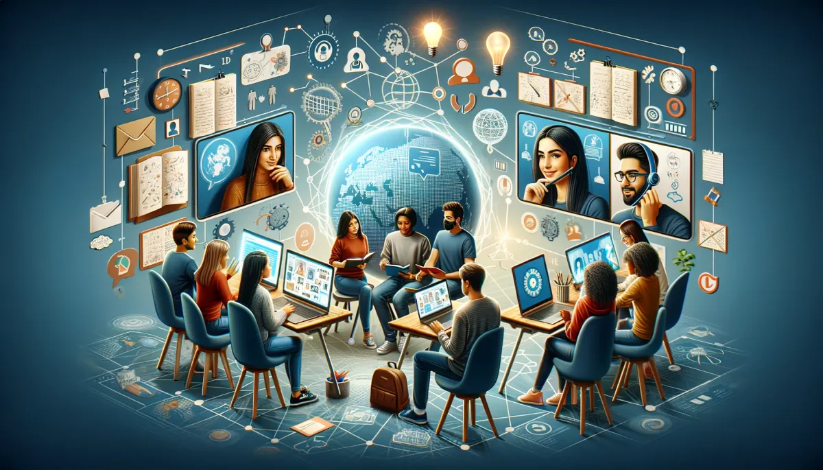 This wide image intricately portrays the concept of peer collaboration in online tutoring, set within a vibrant virtual classroom environment. The scene is composed of various sections, each highlighting different aspects of collaborative learning among students from diverse ethnic backgrounds. One part of the image features a Middle-Eastern woman and a Caucasian man working in tandem on a shared digital project, exemplifying the cooperative spirit essential in online education. Another section captures a South Asian woman and a Black man engaged in an animated group discussion via video call, illustrating the critical importance of communication and teamwork in virtual learning spaces. A third segment of the image shows a Hispanic woman and an Asian man brainstorming ideas on a virtual whiteboard, emphasizing the pivotal role of technology in enabling and enhancing peer collaboration. The background is adorned with elements such as network connections, digital screens, and educational graphics, collectively highlighting the interconnected and innovative nature of online tutoring platforms that foster and facilitate peer-to-peer interaction and cooperative learning.