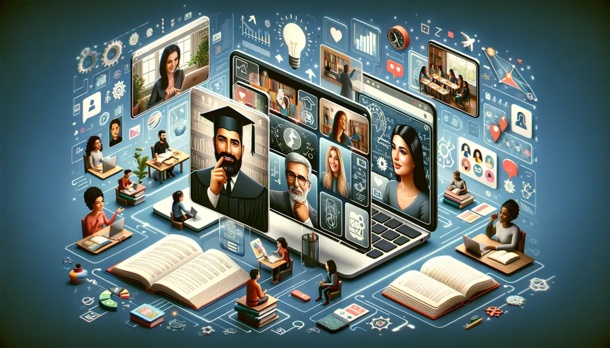 This expansive image vividly showcases the top online tutoring platforms, each represented in a dynamic and informative layout. The scene is composed of multiple virtual screens, each one displaying a distinct online tutoring platform, characterized by its unique interface and specialized features. One screen captures a platform focusing on interactive learning, where a Middle-Eastern man and a Caucasian woman are engaged in a lively, educational discussion through the platform's tools. Another screen spotlights a platform dedicated to STEM education, illustrated by a South Asian woman and a Black man collaboratively solving complex mathematical equations. A third screen depicts a language learning platform in use by a Hispanic man and an Asian woman, who are together practicing a new language. The background of the image is a rich collage of digital elements and educational motifs, including network connections, books, and educational icons, symbolizing the diverse and multifaceted landscape of online tutoring platforms. Overall, the image provides a visual representation of leading online tutoring platforms, emphasizing their unique selling points and the wide range of educational opportunities they offer to learners worldwide.
