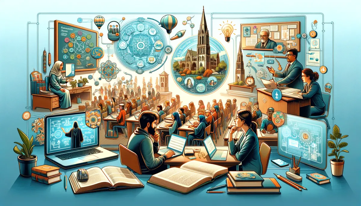 This wide image vividly showcases real-life examples and case studies of online tutoring platforms, illustrating their successful application in diverse educational scenarios. The scene is segmented into various parts, each representing a unique case study. One segment of the image depicts a classroom setting where a Middle-Eastern woman and a Caucasian man are utilizing an online platform for a mathematics lesson, serving as a case study in STEM education. Another section portrays a group project in a humanities course, where a South Asian woman, a Black man, and an Asian woman are collaboratively working through an online platform, highlighting the platform's utility in facilitating group work and discussion. A third area presents a language learning scenario, with a Hispanic woman and a South Asian man practicing a foreign language using an online tutoring platform, emphasizing the platform's role in language acquisition and practice. The background is adorned with elements like laptops, digital tablets, and educational graphics, symbolizing the seamless integration of technology in modern education. Overall, this image compellingly represents the diverse applications and success stories of online tutoring platforms across various educational contexts, underscoring their impact and effectiveness in real-life learning situations.