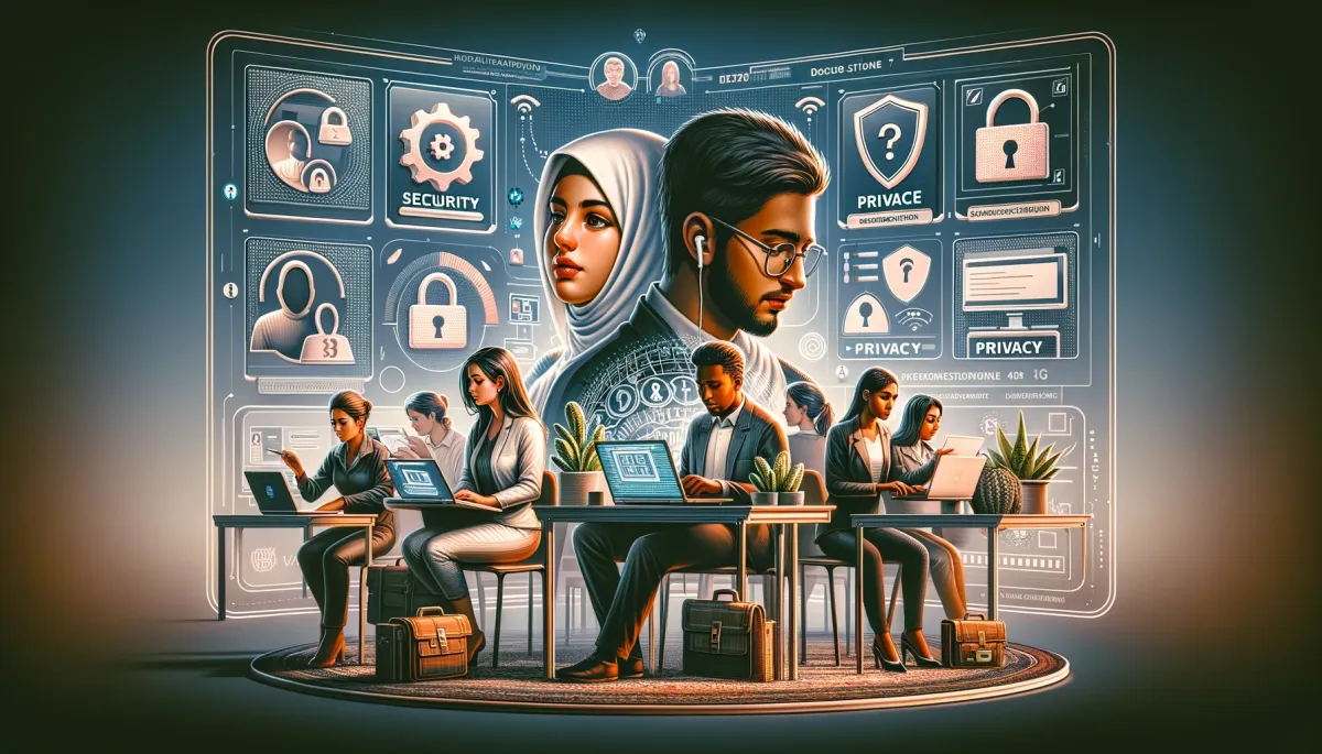 This wide image poignantly focuses on the essential themes of security and privacy within online tutoring platforms. It is composed of various elements that collectively emphasize the significance of these aspects in the realm of digital education. One section of the image illustrates a Middle-Eastern woman and a Caucasian man engaging in a secure login process on a tutoring platform, symbolizing the stringent measures for user authentication and data protection. Another part of the image captures a South Asian woman and a Black man participating in a private tutoring session, with visible encrypted communication symbols, underscoring the commitment to maintaining privacy and ensuring secure information exchange. A third segment shows a Hispanic woman and an Asian man meticulously reviewing privacy settings on a platform, highlighting the empowerment of users to control their personal information. The background is enriched with digital motifs, including padlocks, encrypted codes, and privacy icons, all of which underscore the pivotal role of robust security and privacy measures in creating a safe and trustworthy environment for online tutoring. This image vividly conveys the critical importance of implementing and maintaining strong security and privacy protocols to ensure a secure and reliable online learning experience.