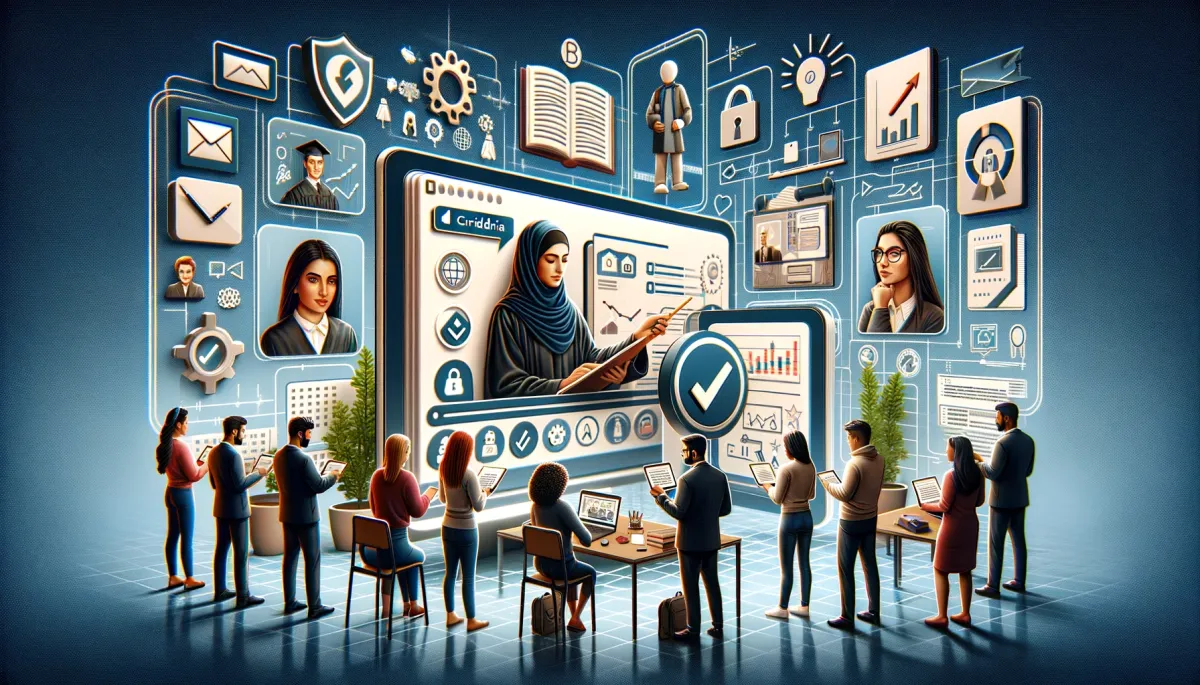 This wide image meticulously illustrates the criteria used for comparing online tutoring platforms. The scene is thoughtfully divided into sections, each spotlighting a specific criterion crucial for evaluation. One segment captures a group of students, including a Middle-Eastern woman and a Caucasian man, engaging with a user-friendly interface, highlighting 'ease of use' as an essential criterion. Another part of the image shows an Asian woman and a Hispanic man immersed in an interactive virtual lesson, signifying the 'quality of educational content' as a key factor for comparison. A third segment features a Black woman and a South Asian man carefully reviewing the security and privacy features of a platform, underlining the paramount importance of 'safety and data protection'. The background is enriched with symbols and icons related to technology, education, and analysis, such as checkmarks, graphs, and digital screens, reinforcing the theme of meticulous and comprehensive evaluation. This image visually communicates the diverse and vital criteria considered when comparing online tutoring platforms, showcasing the thoughtful and detailed approach necessary to make the best educational choice.