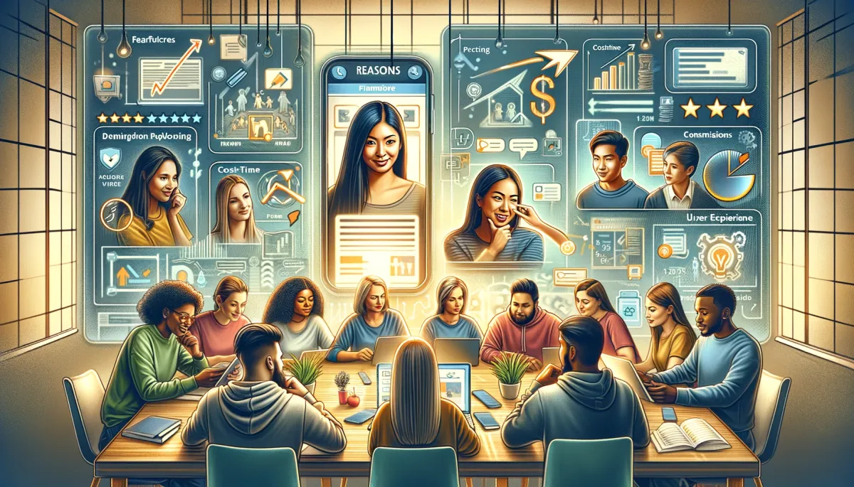 This wide image thoughtfully delves into the reasons for comparing online tutoring platforms. The scene is cleverly divided into distinct sections, each focusing on a key aspect of comparison. One section features a diverse group of students, including a South Asian man and a Caucasian woman, deeply engaged in a discussion about the variety of features offered by different platforms. This highlights the importance of comparing features to find the most suitable tools for learning. Another part of the image captures a Hispanic woman and an Asian man closely examining pricing structures on a digital screen, symbolizing the crucial aspect of evaluating cost-effectiveness. A third section shows a Middle-Eastern woman and a Black man reviewing user feedback and ratings on a tablet, emphasizing the value of considering user experience and testimonials in making an informed decision. The background of the image is enriched with subtle graphics like graphs, checklists, and comparison charts, illustrating the analytical and thoughtful approach needed in selecting the right online tutoring platform. Overall, the image visually communicates the significance of comparing various online tutoring platforms, underscoring the need to identify the best fit for individual learning needs, preferences, and budget.