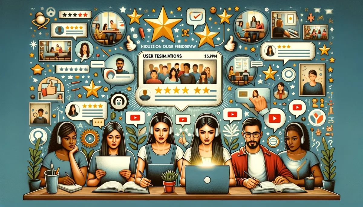 This wide image effectively captures the significant impact of reviews and testimonials on online tutoring platforms. The scene is composed of various individuals engaging with different facets of user feedback. One section of the image shows a Middle-Eastern woman and a Caucasian man intently reading through user reviews on a laptop, illustrating the crucial role of user opinions in guiding the choice of a platform. Another part of the image features a South Asian woman and a Black man absorbed in watching video testimonials, highlighting the persuasive influence of personal experiences on the overall reputation and trustworthiness of the platforms. A third segment presents a Hispanic woman and an Asian man actively writing a review on a tablet, symbolizing the engagement and contribution of users in providing valuable feedback. The background of the image is adorned with elements like star ratings, comment bubbles, and thumbs-up icons, emphasizing the importance of reviews and testimonials in shaping public perception and credibility of online tutoring services. Overall, this image vividly conveys the essential role of user feedback in evaluating and enhancing the quality, effectiveness, and reliability of online tutoring platforms.