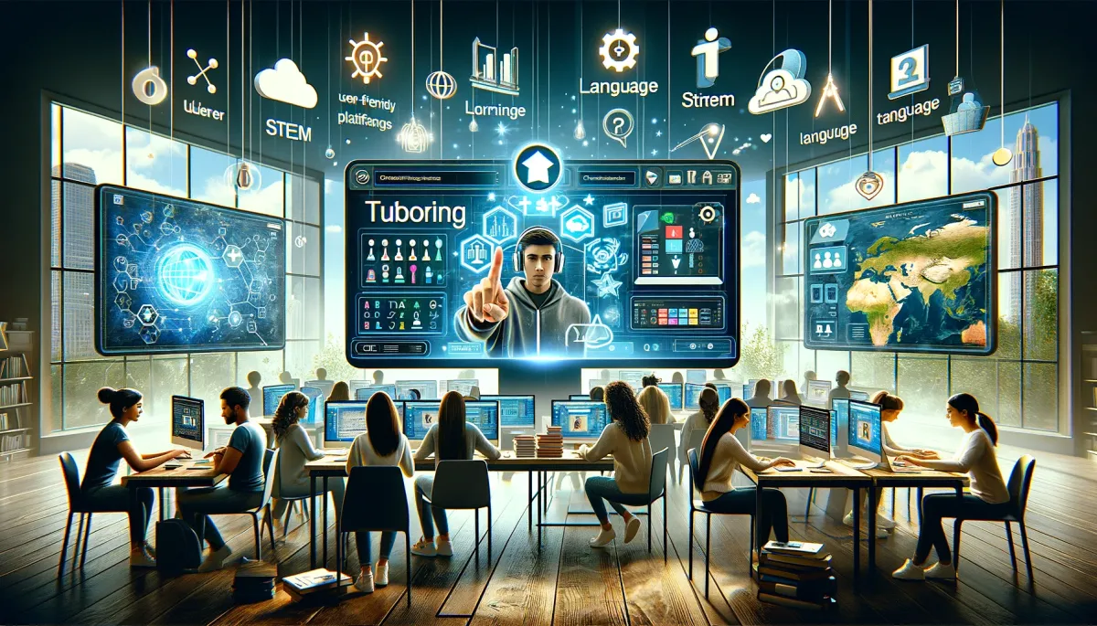 This wide image vividly portrays a comparative analysis of the top online tutoring platforms, set within a modern, digital classroom environment. The scene is composed of multiple screens, each displaying a distinct online tutoring platform, showcasing the variety and specialization in the field of online education. One screen captures a user-friendly platform with interactive tools, highlighted by a group including a Caucasian woman and an Asian man actively engaging with the platform's features. Another screen focuses on a platform specializing in STEM subjects, where a Middle-Eastern woman and a Black man are utilizing its advanced features for science and mathematics learning. A third screen showcases a language learning platform, depicting a Hispanic woman and a South Asian man practicing a new language, emphasizing the platform's linguistic capabilities. The background of the image is filled with digital elements and educational icons, signifying the technological advancements and diversity in online tutoring platforms. Overall, the image offers a visual comparison of the leading online tutoring platforms, highlighting their unique characteristics, specialties, and the innovative spirit of online education.
