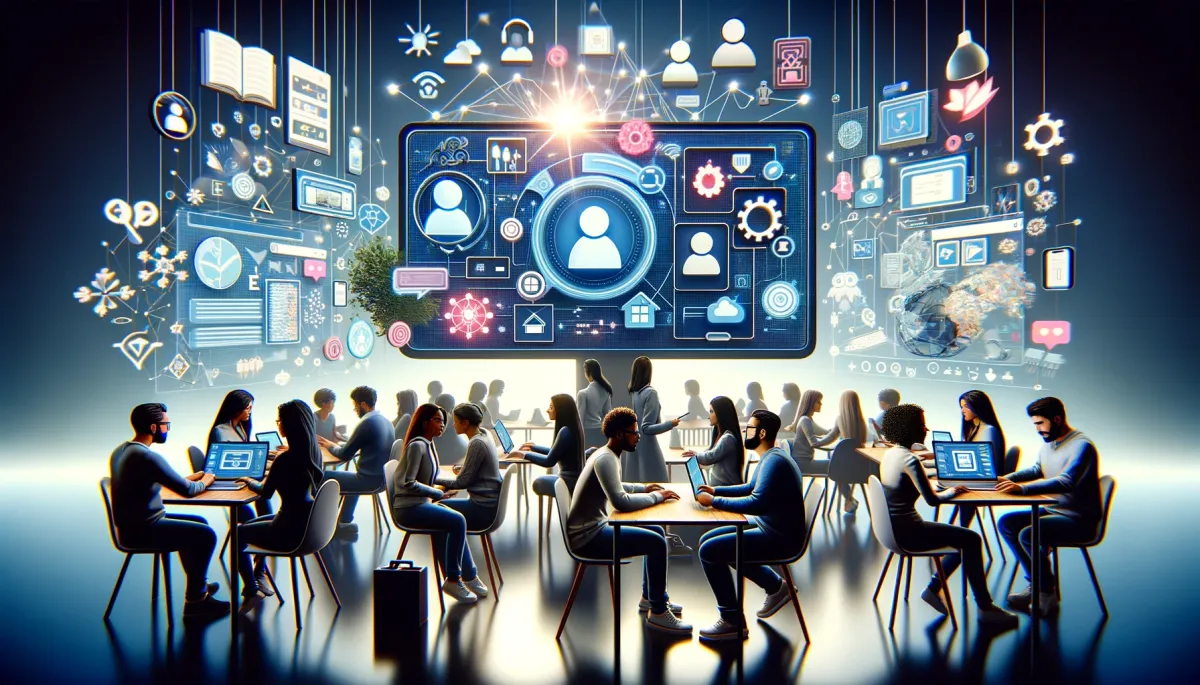 This wide image vividly encapsulates the significance of user experience and interface in online tutoring platforms, set within a modern digital environment. The scene is composed of various screens, each showcasing a different aspect of user interfaces essential for online education. One screen features an intuitive and user-friendly interface, expertly navigated by a Middle-Eastern woman and a Caucasian man, symbolizing the platform's ease of use and accessibility. Another screen captures an engaging and interactive interface, where a Black woman and an Asian man are immersed in a virtual lesson, reflecting the importance of engagement and interactivity in the learning process. A third screen exhibits a customizable and adaptive interface, with a South Asian woman and a Hispanic man adjusting settings to align with their individual learning styles and preferences. The background of the image is enriched with symbols of user interaction and digital connectivity, such as touch gestures, icons, and network lines, underscoring the critical role of well-designed interfaces in enhancing the overall online learning experience. This composition effectively conveys the key elements of user experience and interface, highlighting their contribution to making online education both effective and enjoyable.