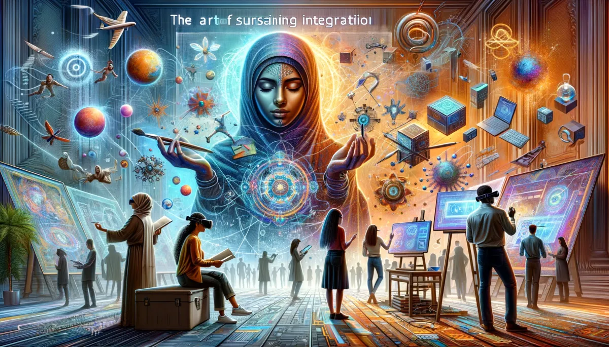 This wide image vividly captures 'The Art of Sustaining Integration' of third-party tools in online tutoring platforms, blending elements of art and technology in a futuristic digital art gallery setting. In one part of the image, a Middle-Eastern woman and a Caucasian man are engaged in examining a digital art piece that metaphorically represents an integrated online tutoring platform. This scene symbolizes the importance of ongoing analysis and refinement to sustain the integration effectively. Another section of the image showcases a South Asian woman and a Black man using virtual reality headsets to interact with a 3D model of a tutoring platform. This interaction illustrates the continuous evolution and adaptation required in maintaining and upgrading the integration of third-party tools. A third segment of the image depicts a Hispanic woman and an Asian man collaborating on a holographic display, actively tweaking and enhancing the integrated tools, representing the proactive maintenance and improvement necessary for long-term success. The background is filled with abstract digital elements and vibrant colors, conveying the creative, innovative approach essential in sustaining the integration of third-party tools amidst the dynamic and ever-changing landscape of online education.