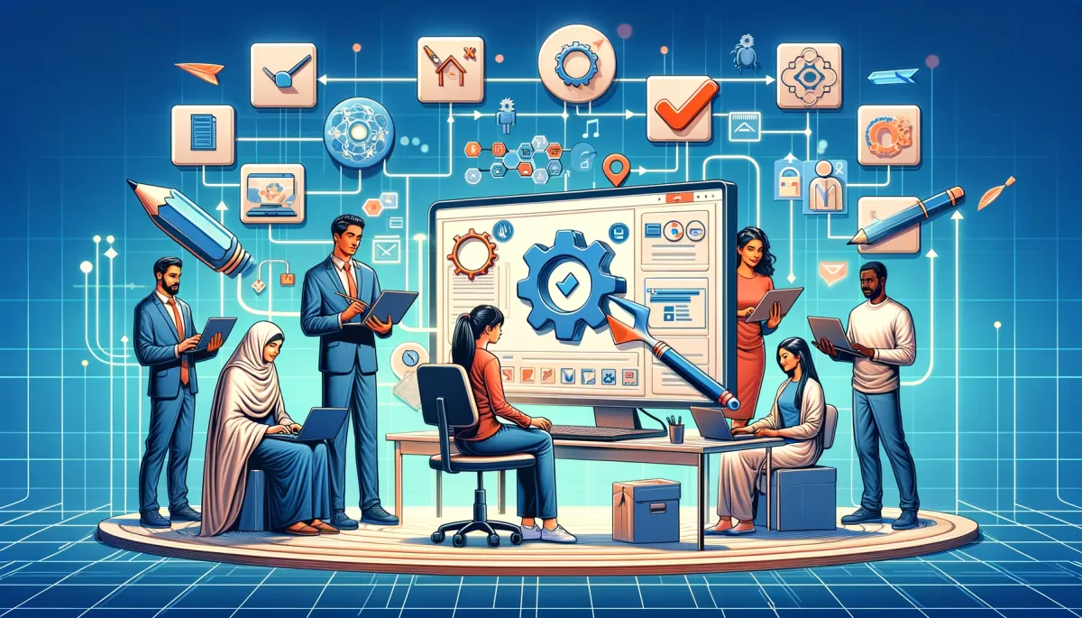 This wide image provides a visual representation of a step-by-step guide to integrating third-party tools with online tutoring platforms, set within a digital education environment. The scene is divided into distinct sections, each depicting a critical phase in the integration process. One part of the image shows a Middle-Eastern woman and a Caucasian man at the initial step, engaged in choosing the right tool, with a computer screen displaying a range of options, symbolizing the importance of selecting appropriate tools that meet specific needs. Another section of the image captures the second step, where a South Asian woman and a Black man are involved in testing the compatibility of a chosen tool with their platform, highlighting the crucial technical assessment phase. A third segment illustrates the final step, featuring a Hispanic woman and an Asian man successfully implementing the tool into their tutoring platform, showcasing the achievement of seamless integration. The background is adorned with sequential icons and flowcharts, emphasizing the systematic and methodical approach required in the integration process. Overall, the image effectively conveys the comprehensive and structured steps involved in integrating third-party tools into online tutoring platforms, demonstrating how each step is integral to achieving a successful and effective integration.