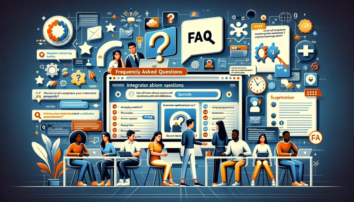 This wide image visually portrays a Frequently Asked Questions (FAQ) section about integrating third-party tools with online tutoring platforms, set in a virtual information desk environment. The scene is composed of diverse groups of people actively seeking answers and interacting. One part of the image shows a Middle-Eastern woman and a Caucasian man engaged in a discussion in front of a digital FAQ board, symbolizing their quest for specific information about the challenges of integration. Another section of the image captures a South Asian woman and a Black man using a tablet to navigate through a list of common questions and answers, highlighting the ease of access to vital information. A third segment depicts a Hispanic woman and an Asian man in a video call with a support representative, illustrating the provision of personalized assistance for more complex queries. The background is enriched with digital elements such as question marks, search icons, and interactive screens, underscoring the significance of having a well-organized, informative FAQ section to assist users in understanding and navigating the process of integrating third-party tools into online tutoring platforms.