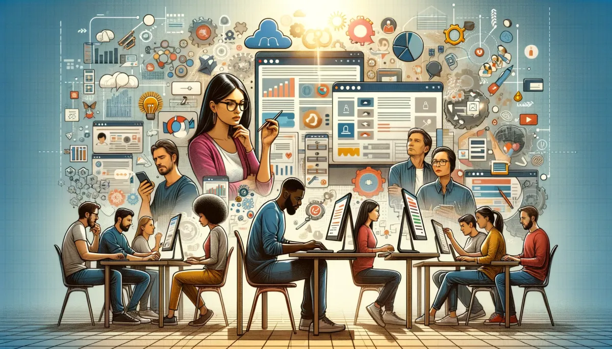 This wide image intricately focuses on the process of selecting the right third-party tools for integration with online tutoring platforms. The scene captures a diverse group of educators and developers engaged in a collaborative brainstorming session. One section of the image depicts a Middle-Eastern woman and a Caucasian man in deep discussion in front of a computer, with multiple browser tabs open, symbolizing the thorough research and comparison of various tools. Another part showcases a South Asian woman and a Black man thoughtfully evaluating the compatibility of a specific tool with their online tutoring platform, emphasizing the importance of ensuring technical integration and optimal user experience. A third segment of the image features a Hispanic woman and an Asian man meticulously checking user reviews and feedback on a tablet, reflecting the consideration of user satisfaction and the effectiveness of the tools. The background is filled with digital elements such as charts, graphs, and decision matrices, highlighting the analytical approach required in making informed decisions when selecting the most suitable third-party tools. Overall, this image vividly conveys the strategic and careful decision-making process involved in choosing the ideal tools to enhance the functionality and effectiveness of online tutoring services.