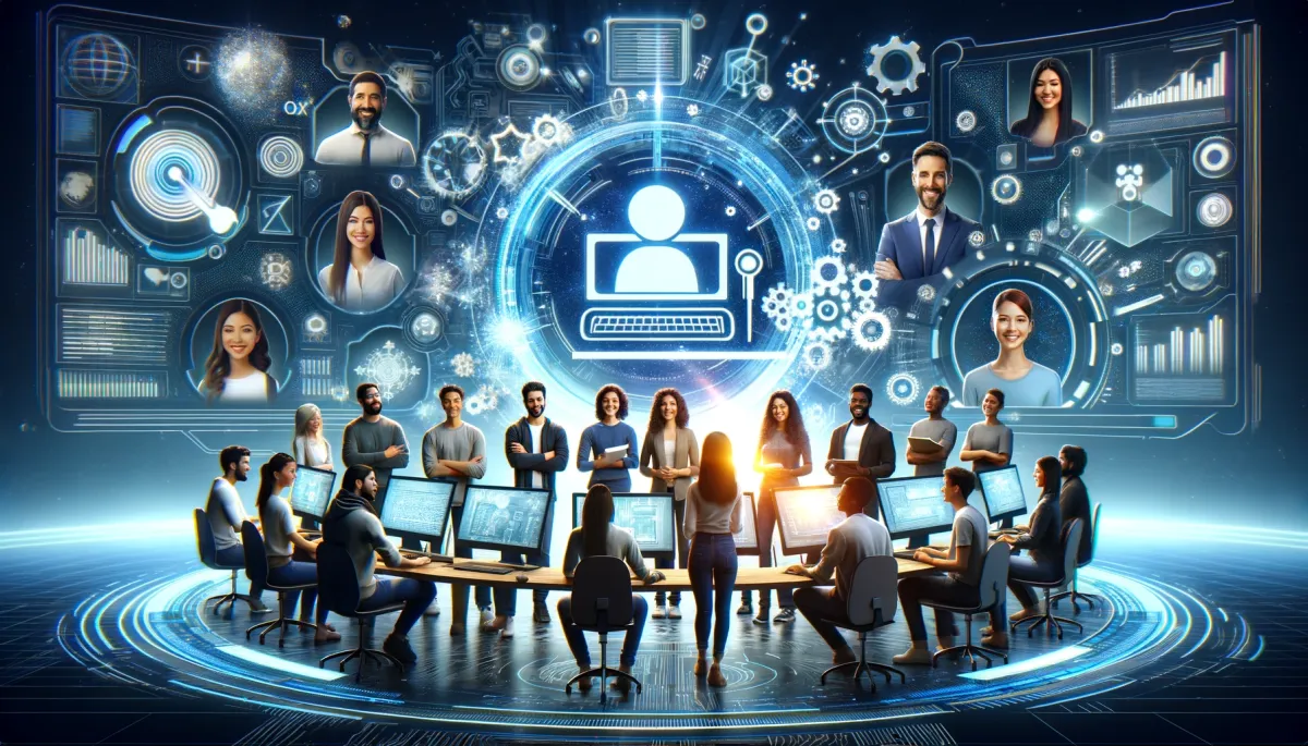 This wide image artistically symbolizes the conclusion of integrating third-party tools with online tutoring platforms, set within a futuristic digital environment. The central focus is a diverse group of individuals, including a Middle-Eastern woman, a Caucasian man, a South Asian woman, and a Black man, all gathered around a large digital screen. The screen displays a fully integrated and functioning online tutoring platform, with each individual showing expressions of satisfaction and accomplishment. Their smiles and positive demeanor reflect the successful integration and the impactful benefits of the third-party tools. The background of the scene is infused with digital motifs and glowing lights, creating an atmosphere that suggests forward-thinking and innovation. This image powerfully conveys a sense of achievement and technological progress, highlighting the successful fusion of third-party tools into online tutoring platforms and the bright prospects for the future of digital education.