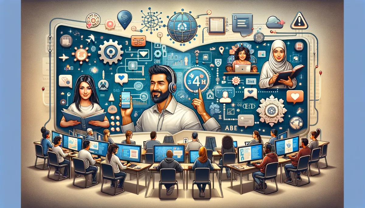 This wide image dynamically illustrates the integration of third-party tools with online tutoring platforms, set within a vibrant digital classroom environment. The scene depicts tutors and students actively utilizing a variety of third-party tools, enhancing their learning experience. One part of the image shows a Middle-Eastern woman and a Caucasian man collaboratively using a shared digital whiteboard, symbolizing the integration of real-time collaboration tools into the tutoring platform. Another section of the image captures a South Asian woman and a Black man engaging with an educational game, highlighting the incorporation of gamified learning tools to make education more interactive and enjoyable. A third segment features a Hispanic woman and an Asian man utilizing a language translation tool, emphasizing the importance of supporting multilingual communication in a diverse learning setting. The background is adorned with digital icons, network connections, and coding symbols, representing the seamless connectivity and the substantial enhancement that third-party tools bring to online tutoring environments. Overall, the image vividly conveys the diverse applications and the significant benefits of integrating third-party tools into online tutoring platforms, showcasing how they enrich and diversify the learning and teaching experience.