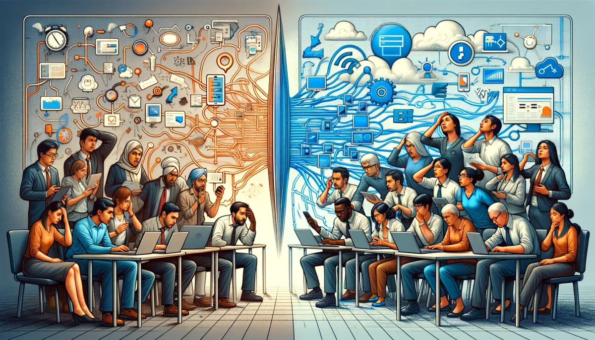 This wide image vividly portrays the common challenges and solutions encountered in integrating third-party tools with online tutoring platforms. The scene is split into two contrasting halves, each representing different experiences during the integration process. On the left, showcasing challenges, a group of educators appears visibly frustrated and confused. A Middle-Eastern woman looks puzzled at a complicated software interface, a Black man is seen scratching his head over a tangled network diagram, and a South Asian man tries to resolve an error message on a computer screen. The background is chaotic and cluttered, symbolizing the complexities and initial obstacles faced. Transitioning to the right, the image transforms to depict solutions, where the same educators are now successfully overcoming these challenges. The Middle-Eastern woman is confidently navigating the software, the Black man is expertly connecting the correct network paths, and the South Asian man is effectively resolving the error using a clear step-by-step guide. The background shifts to a calm and organized space, illustrating the journey from confusion to clarity and effective problem-solving in the integration of third-party tools into online tutoring environments.