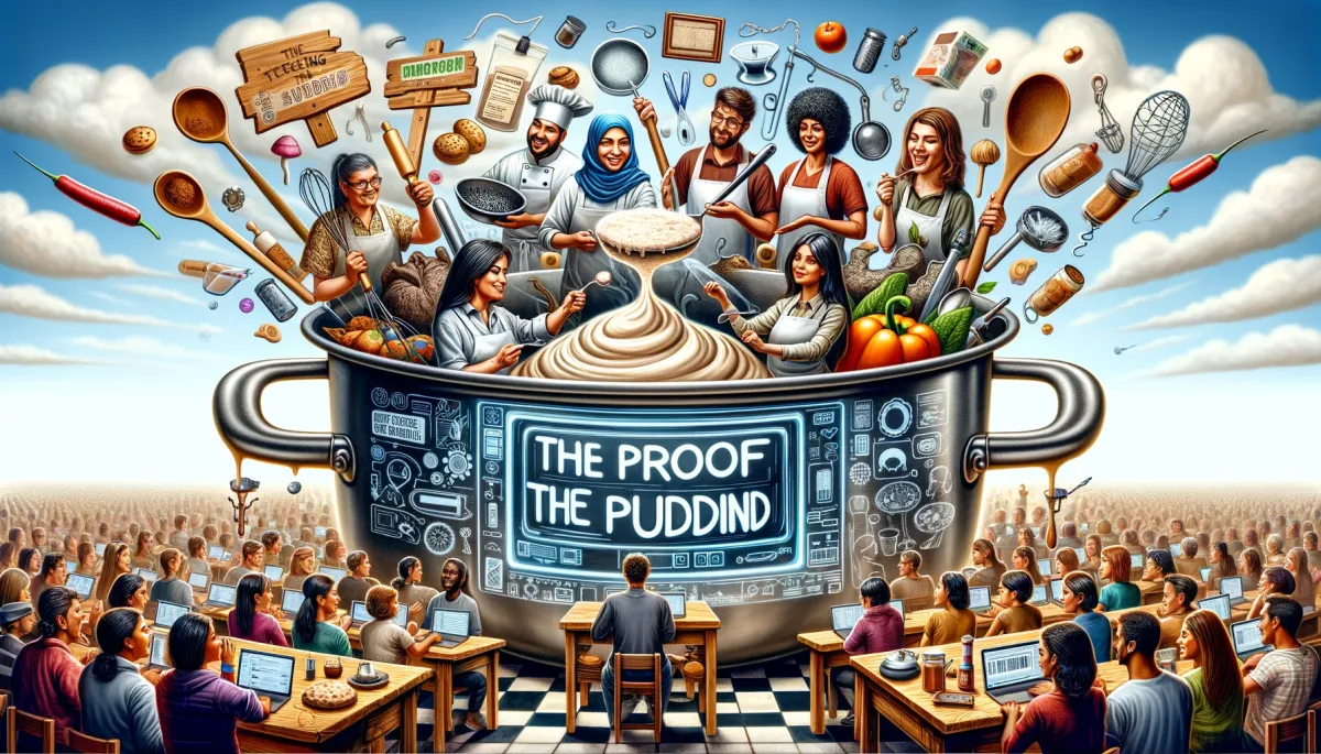 This wide image creatively embodies the saying 'The proof is in the pudding' in the context of integrating third-party tools with online tutoring platforms. The scene metaphorically transforms a digital kitchen into a space where educators are 'cooking' an online tutoring platform. One part of the image shows a Middle-Eastern woman and a Caucasian man enthusiastically mixing a variety of ingredients, each labeled as a different third-party tool, into a large mixing bowl. This symbolizes the intricate process of integrating diverse tools into the platform. Another section features a South Asian woman and a Black man engaged in taste-testing the 'pudding', represented by a computer screen displaying the successfully integrated platform, signifying the evaluation phase of the platform's effectiveness. A third segment of the image illustrates a Hispanic woman and an Asian man serving the finished 'pudding' to an eager group of students, depicting the successful implementation and user adoption of the platform. The background creatively merges culinary and digital elements, blending themes of cooking and technology, emphasizing that the true effectiveness and value of integrating third-party tools are best realized through their practical application and tangible results in the educational environment.