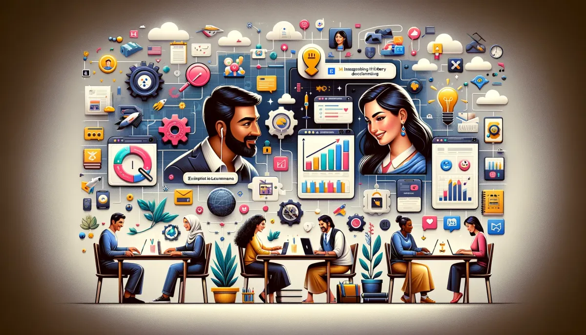 This wide image insightfully explores the various reasons for integrating third-party tools into online tutoring platforms. The scene is thoughtfully divided into sections, each spotlighting a different benefit of these integrations. One part of the image shows a Middle-Eastern woman and a Caucasian man utilizing a third-party analytics tool, symbolizing the enhancement of data-driven decision-making in the online tutoring environment. Another section of the image captures a South Asian woman and a Black man engaging with an interactive learning game, illustrating how gamification can enrich the learning experience and increase student engagement. A third segment depicts a Hispanic woman and an Asian man using a cloud storage tool for resource sharing, emphasizing the importance of efficient and accessible resource management in digital education. The background is adorned with icons and graphics representing a variety of third-party tools, such as Customer Relationship Management (CRM) systems, educational apps, and productivity tools, underscoring the diverse functionality and benefits these integrations bring. Overall, the image vividly conveys the myriad of strategic advantages that integrating third-party tools offers to online education providers, highlighting their pivotal role in enhancing both the teaching and learning experiences.