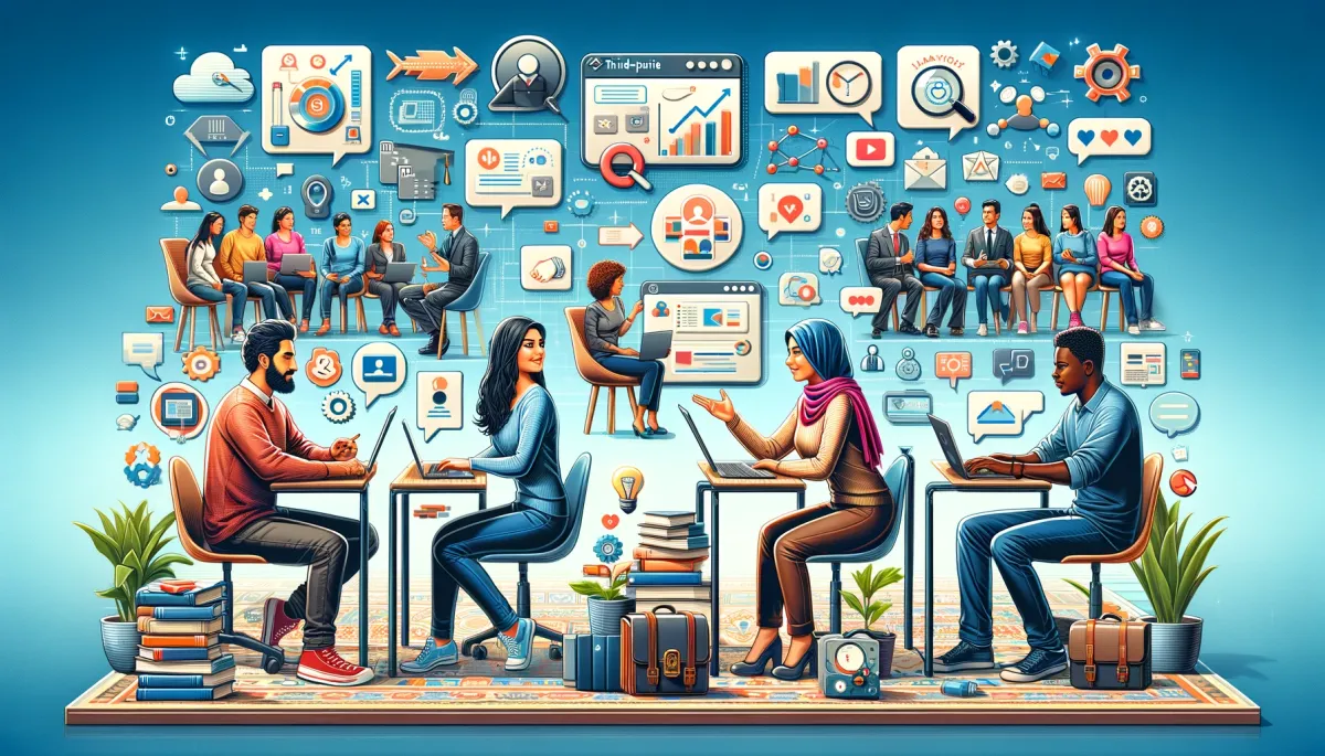 This wide image showcases a variety of third-party tools that can be integrated into online tutoring platforms, set within a digital educational environment. The scene is segmented into different sections, each highlighting a specific type of tool. One section features a Middle-Eastern woman and a Caucasian man engaged with a third-party content creation tool, representing the category of tools designed for crafting engaging and interactive educational content. Another part of the image displays a South Asian woman and a Black man utilizing a third-party communication tool for group discussions, emphasizing the importance of tools that facilitate seamless communication and collaboration among students and tutors. A third segment of the image illustrates a Hispanic woman and an Asian man working with a third-party analytics tool, underscoring the value of tools that provide in-depth insights into student performance and learning progress. The background is filled with icons and visual representations of various types of tools, such as cloud storage solutions, project management software, and interactive learning games, all highlighting the diversity and versatility of third-party tools that can significantly enhance the functionality and effectiveness of online tutoring platforms. Overall, the image effectively presents the wide array of third-party tools available, showcasing how their integration can enrich and diversify the online tutoring experience.