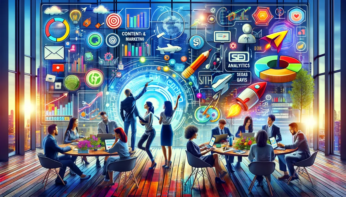 This wide image portrays a vibrant and engaging scene focused on the concept of marketing online tutoring services. It features a dynamic and diverse group of tutors and educators gathered around a large digital marketing dashboard, actively brainstorming and strategizing. The dashboard is alive with various marketing tools and strategies, including social media campaigns, content marketing, SEO analytics, and targeted advertisements, reflecting a sophisticated and multifaceted approach to marketing. The tutors are deeply engaged, discussing ideas and pointing at the data, indicating a collaborative and innovative marketing process. The modern and lively setting, with a backdrop of a bustling cityscape through the windows, symbolizes the vast reach and potential of effectively marketed online tutoring services. This image vividly captures the essence of proactive and creative marketing, essential in the competitive world of online education.