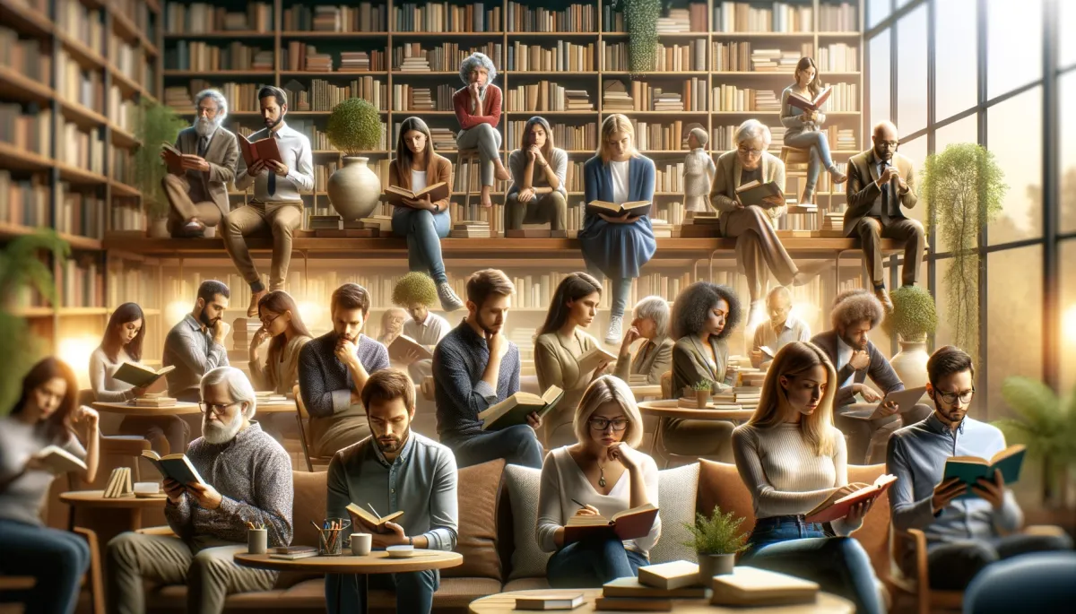 This wide image portrays a thought-provoking and diverse scene in a modern, cozy library setting, where individuals of various ages and ethnic backgrounds are immersed in the process of understanding their unique needs. Each person is depicted in a moment of deep engagement, with some absorbed in reading books, others researching on laptops, and a few in contemplative poses with notepads and pens. The environment is warm and inviting, featuring bookshelves brimming with resources on a multitude of subjects, comfortable seating arrangements, and soft, ambient lighting. The image beautifully captures a sense of introspection and the pursuit of knowledge, effectively embodying the theme of recognizing and understanding one's specific needs for personal growth and tailored learning.