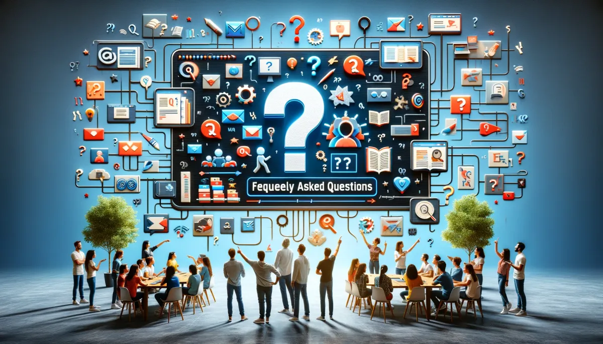 This wide image presents a creative and informative scene that encapsulates the concept of Frequently Asked Questions (FAQ) related to online tutoring platforms. It features a large, interactive digital wall filled with question marks and icons, symbolizing various queries about online tutoring. Surrounding this focal point is a diverse group of individuals, including students, tutors, and parents, actively engaged in discussions, pointing at the wall, and using digital devices to seek answers. The setting is a modern educational environment, emphasizing the significance of information accessibility and clarity in the process of selecting the right online tutoring platform. The image effectively conveys the theme of addressing common concerns and providing valuable insights, helping viewers navigate the selection and use of online tutoring services.