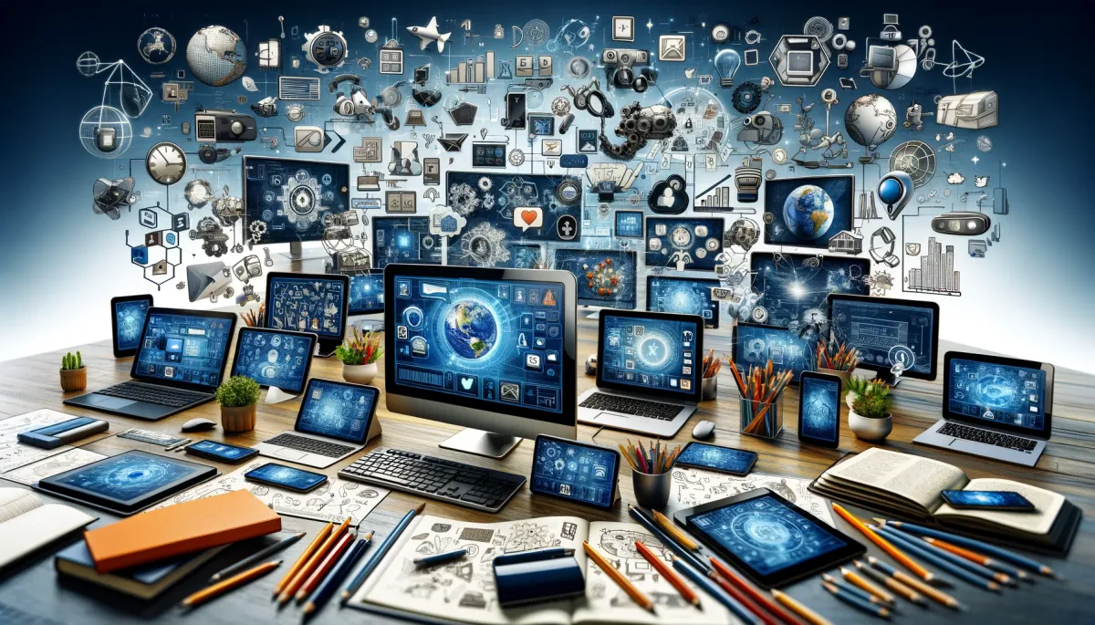 This wide image vividly illustrates the diversity and sophistication of online tutoring platforms. It features an array of devices, including desktop computers, laptops, tablets, and smartphones, each displaying different types of tutoring software and interfaces. In the backdrop, a collage of icons highlights a broad spectrum of subjects like mathematics, science, languages, and arts, representing the extensive range of courses available online. The setting is a futuristic, digital learning environment, enriched with virtual reality headsets and interactive screens, underscoring the advanced and varied nature of these platforms. The image encapsulates the digital education revolution, showcasing how technology is adeptly tailored to meet various learning styles and educational needs.