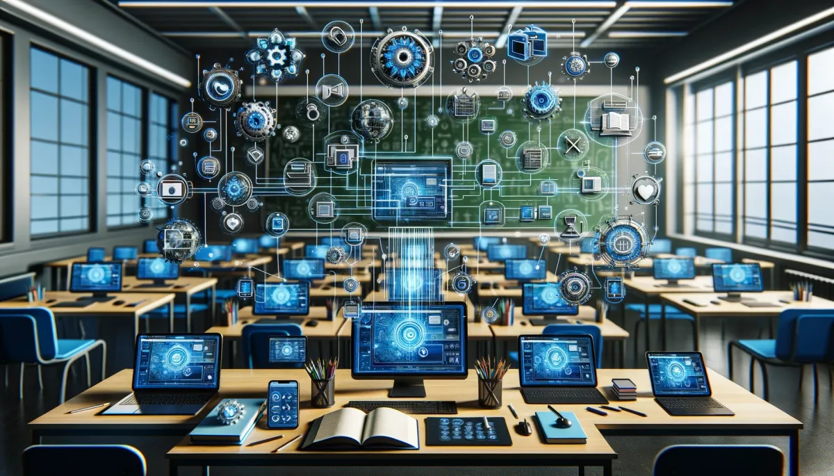 This wide image portrays a cutting-edge and detailed scene, emphasizing the significance of third-party tool integration in online tutoring platforms. It features a variety of devices such as laptops, tablets, and smartphones, each displaying different online tutoring interfaces that are seamlessly integrated with a range of third-party applications, including educational games, productivity tools, and comprehensive resource libraries. The integration is artistically represented through interconnected lines and symbols, creating a network of versatile tools that enhance the learning experience. The setting is a futuristic classroom, equipped with digital screens and holographic displays, symbolizing the advanced capabilities and adaptability of modern tutoring platforms. This image effectively conveys the concept of technological synergy in education, highlighting the crucial role of third-party tool integration in fostering a comprehensive, versatile, and adaptable learning environment.