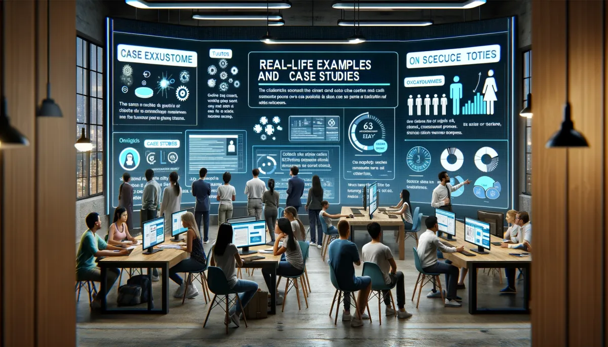 This wide image illustrates an informative and engaging scene that highlights the importance of real-life examples and case studies in the context of online tutoring platforms. The scene captures a group of diverse individuals, including tutors, students, and education experts, who are collaboratively analyzing and discussing various case studies and success stories. These are displayed on large interactive screens, showcasing different educational scenarios and outcomes, with charts, graphs, and bullet points emphasizing key points and lessons learned. The setting is a modern, well-equipped learning space, symbolizing a practical and empirical approach to education. This image effectively demonstrates the practical application of online tutoring platforms in various educational contexts, emphasizing the value of real-life examples and case studies in understanding and selecting the most suitable platform for specific tutoring needs.