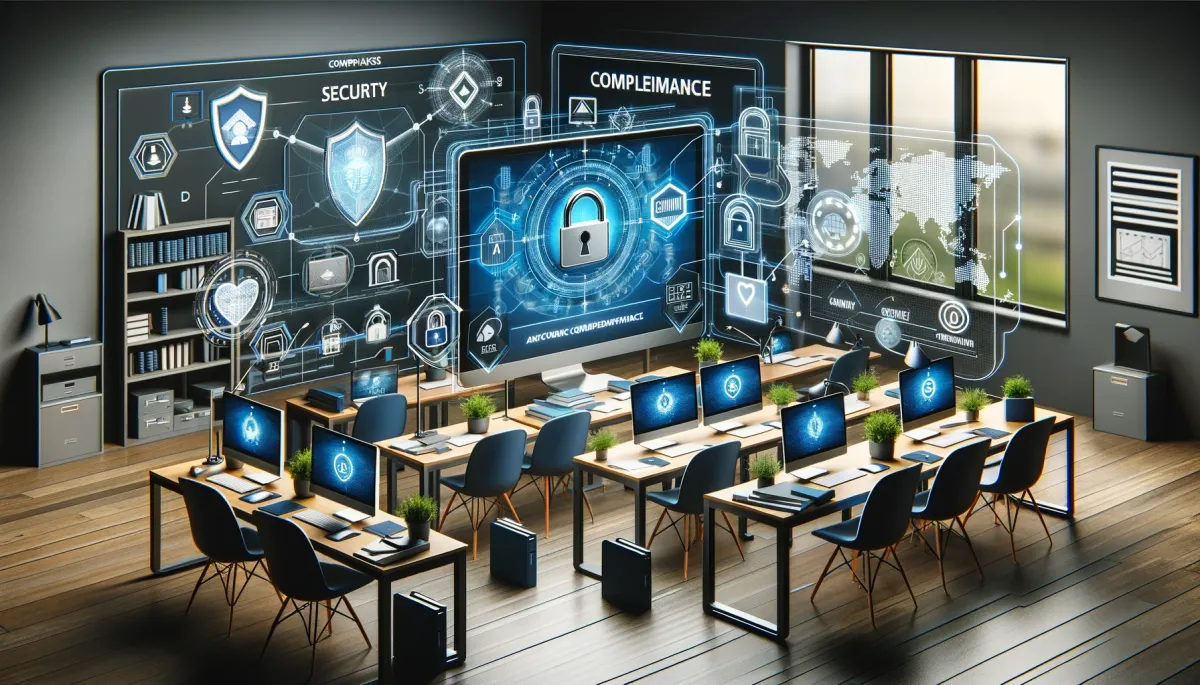 This wide image presents an informative and impactful scene, emphasizing the crucial themes of security and compliance in online tutoring platforms. It depicts a modern digital classroom setting equipped with advanced security systems, such as encrypted data transfer, secure login portals, and privacy shields on computer screens. The image integrates visual representations of security protocols, including firewalls, secure servers, and compliance certificates, blending them seamlessly into the educational environment. The scene portrays students and tutors interacting through devices that exhibit secure, encrypted communication, underscoring the paramount importance of data security and regulatory compliance in online education. This setting vividly reflects the necessity for robust protection and strict adherence to educational standards and privacy laws, highlighting the integral role of security measures in ensuring a safe and compliant online learning experience.