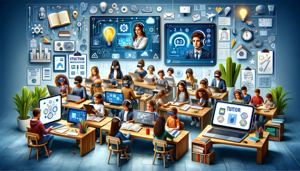 This wide image depicts a dynamic and diverse learning environment, showcasing students of various ages and ethnic backgrounds engaging with different educational technologies. The scene is set in a modern classroom, featuring elements like tablets, laptops, and virtual reality headsets, each displaying unique educational interfaces. These devices represent a variety of online tutoring platforms. Students are actively involved in their learning, with some interacting with tutors visible on their screens. The composition emphasizes the theme of personalized online tutoring solutions, with a digital blackboard and educational posters enriching the background. The image effectively conveys the concept of selecting the right platform for specific tutoring needs, illustrating the integration of technology in education and the importance of tailored learning experiences.
