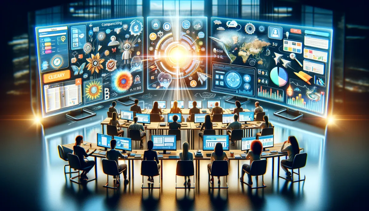 This wide image presents an insightful and dynamic scene that illustrates the comparison of top online tutoring platforms. It features several monitors, each showcasing a different tutoring platform with unique interfaces and features, arranged in a semi-circular pattern to symbolize a comprehensive comparison. In the foreground, a diverse group of individuals, varying in age and ethnicity, are actively engaged in evaluating and discussing these platforms, emphasizing the importance of making informed decisions. The setting is modern and technologically advanced, focusing on clarity and detail, which reflects the critical process of comparing and selecting the right tutoring platform. The image captures the essence of thorough research and analysis in choosing the most suitable online tutoring solution, highlighting the importance of detailed evaluation in the digital learning landscape.