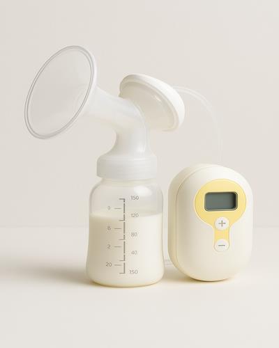 Elektrische Milchpumpe mit Auffangflasche und digitaler Steuereinheit auf hellem Hintergrund.