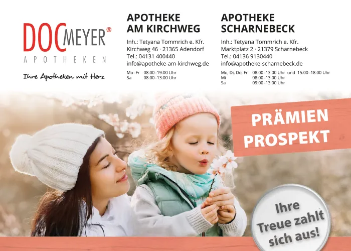 Prämien Prospekt der DOC Meyer Apotheken mit Kontakt- und Öffnungszeitenangaben der  Standorte „Apotheke am Kirchweg“ und „Apotheke Scharnebeck“.