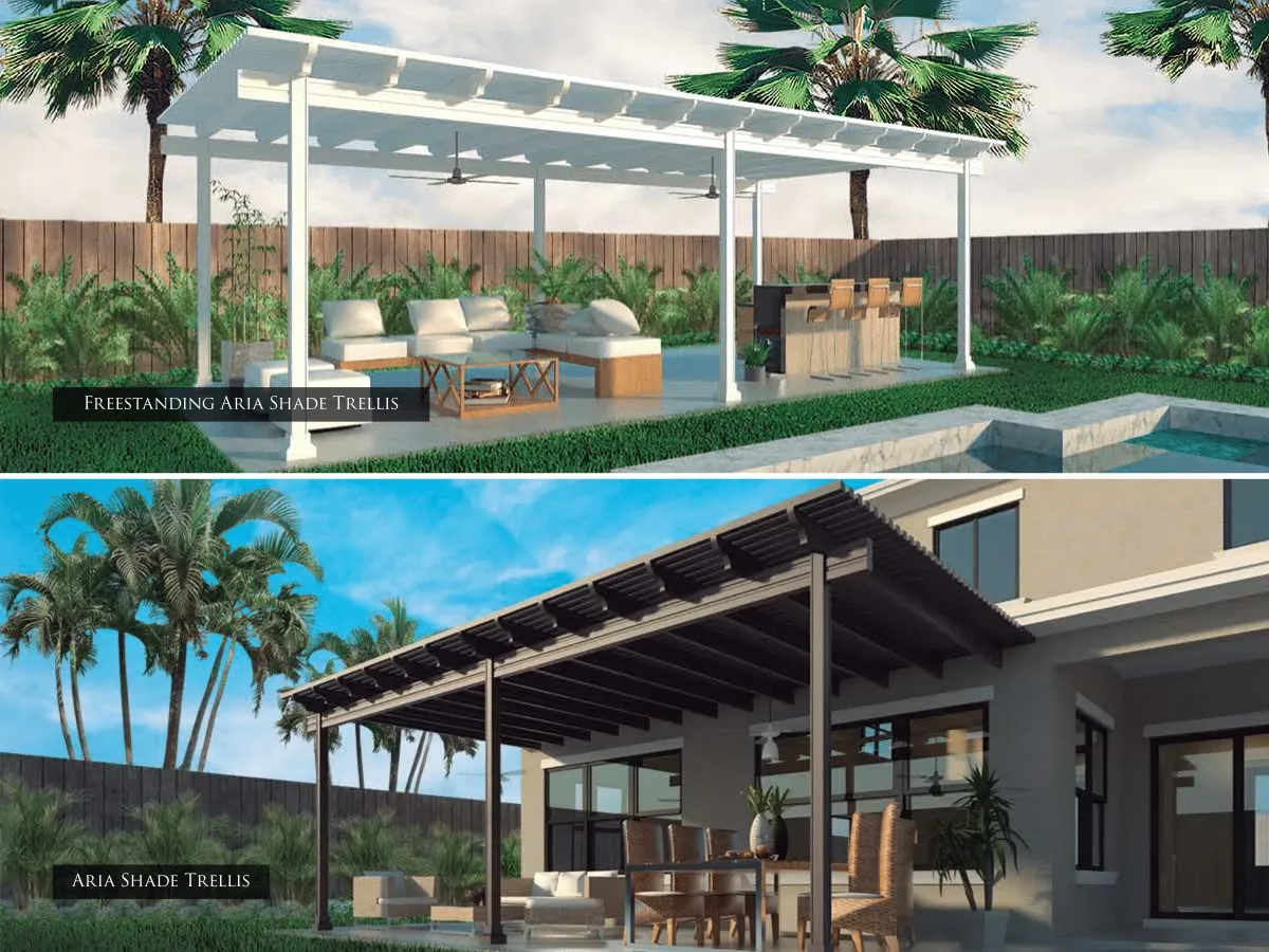 Split image of two types of patios: Freestanding Aria Shade Trellis and Aria Shade Trellis