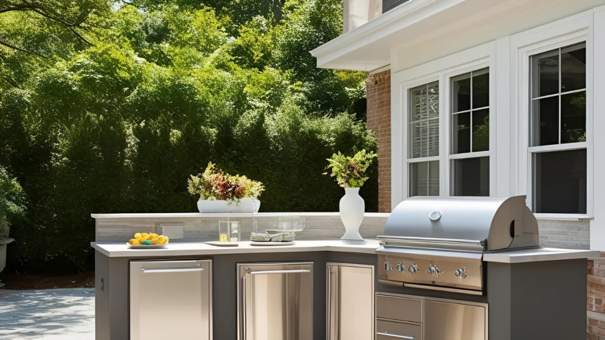Outdoor kitchen island with dual stainless steel grills, stone countertop, and cooking items set in a lush backyard.