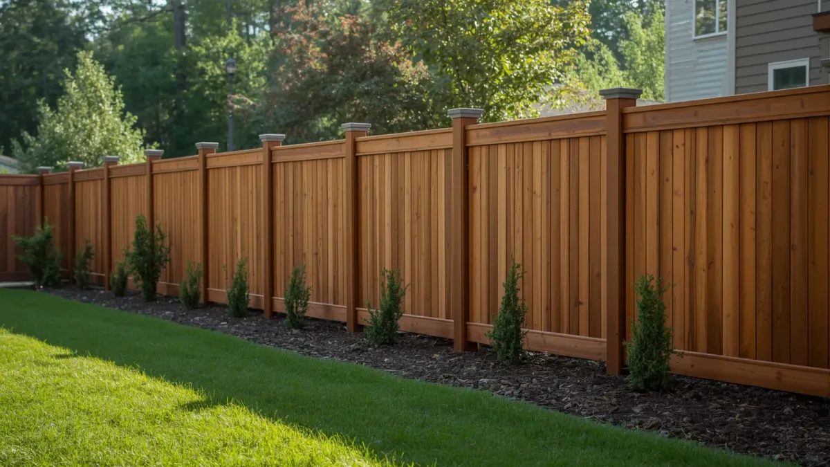 Modern privacy fence surrounding a well-maintained suburban backyard