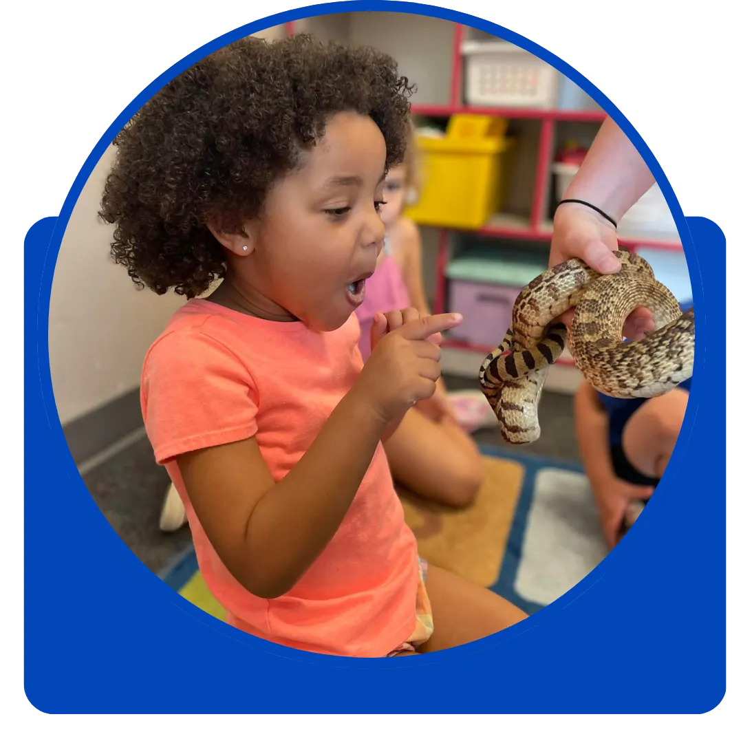 child interacting with snake at school trip