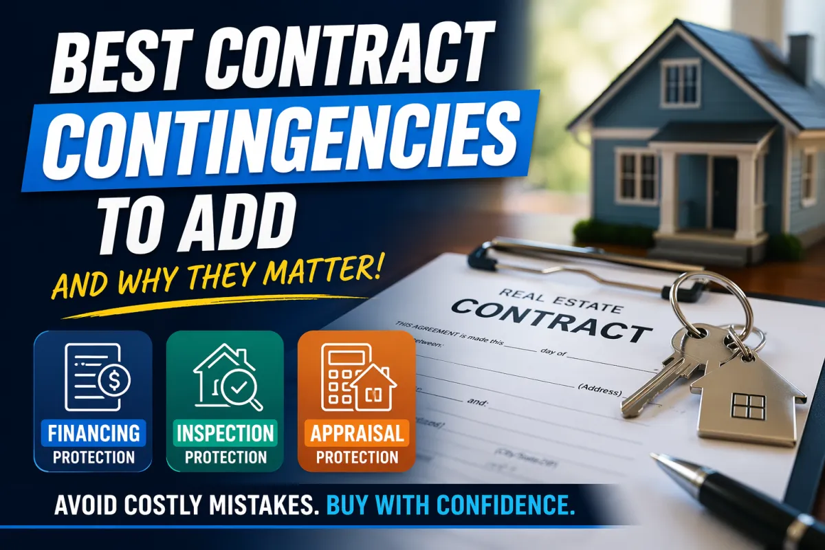 Real estate contract on a table with keys and paperwork representing buyer contingencies like financing, inspection, and appraisal protections