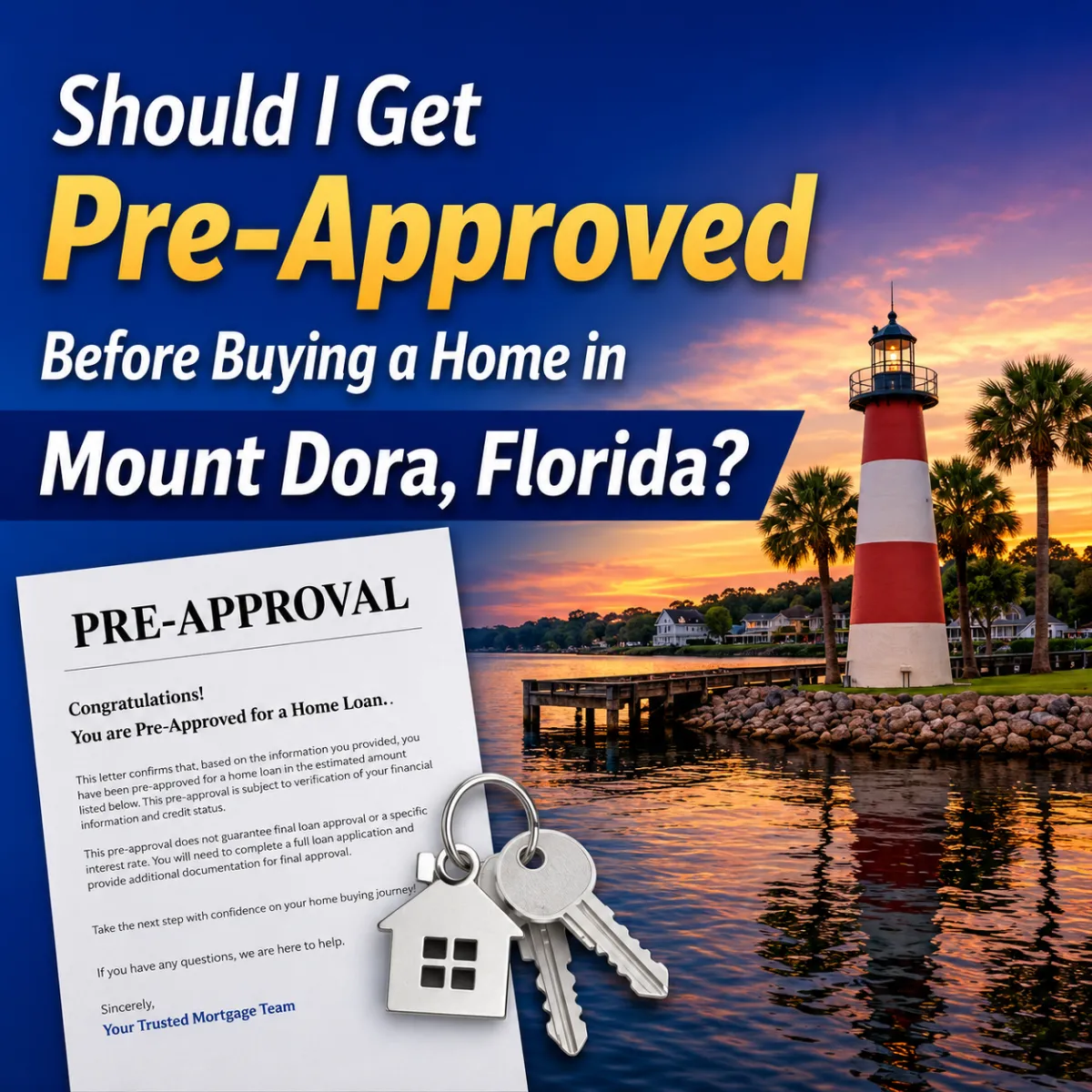 Buying a home in Mount Dora Florida with mortgage pre-approval and house keys