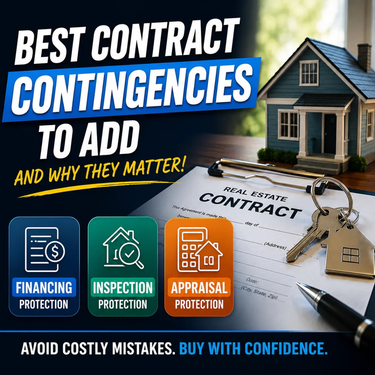 Real estate contract on a table with keys and paperwork representing buyer contingencies like financing, inspection, and appraisal protections