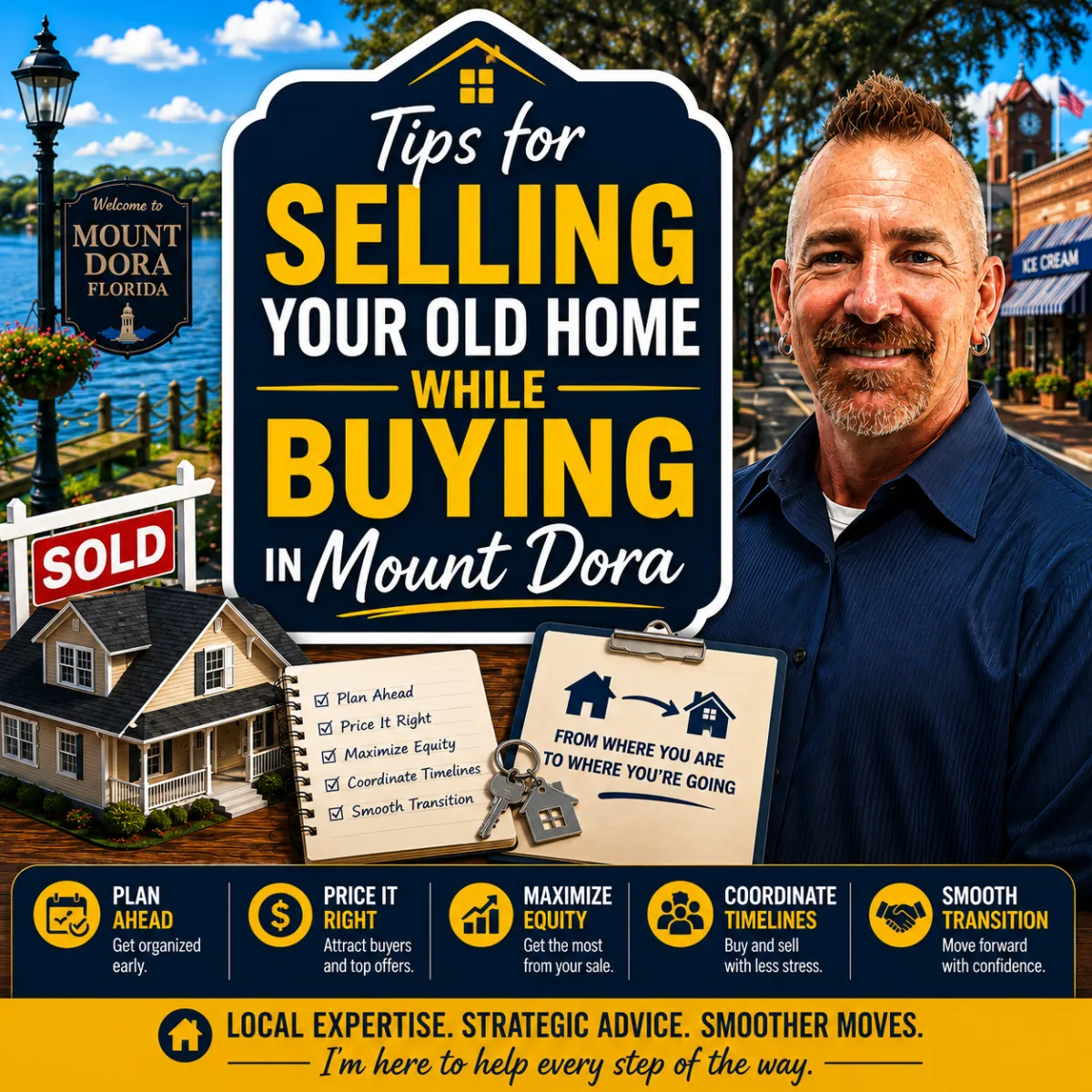 A family planning their move to Mount Dora reviews finances, home sale timelines, and buying options while coordinating the sale of their current home and purchasing a new home in Central Florida.