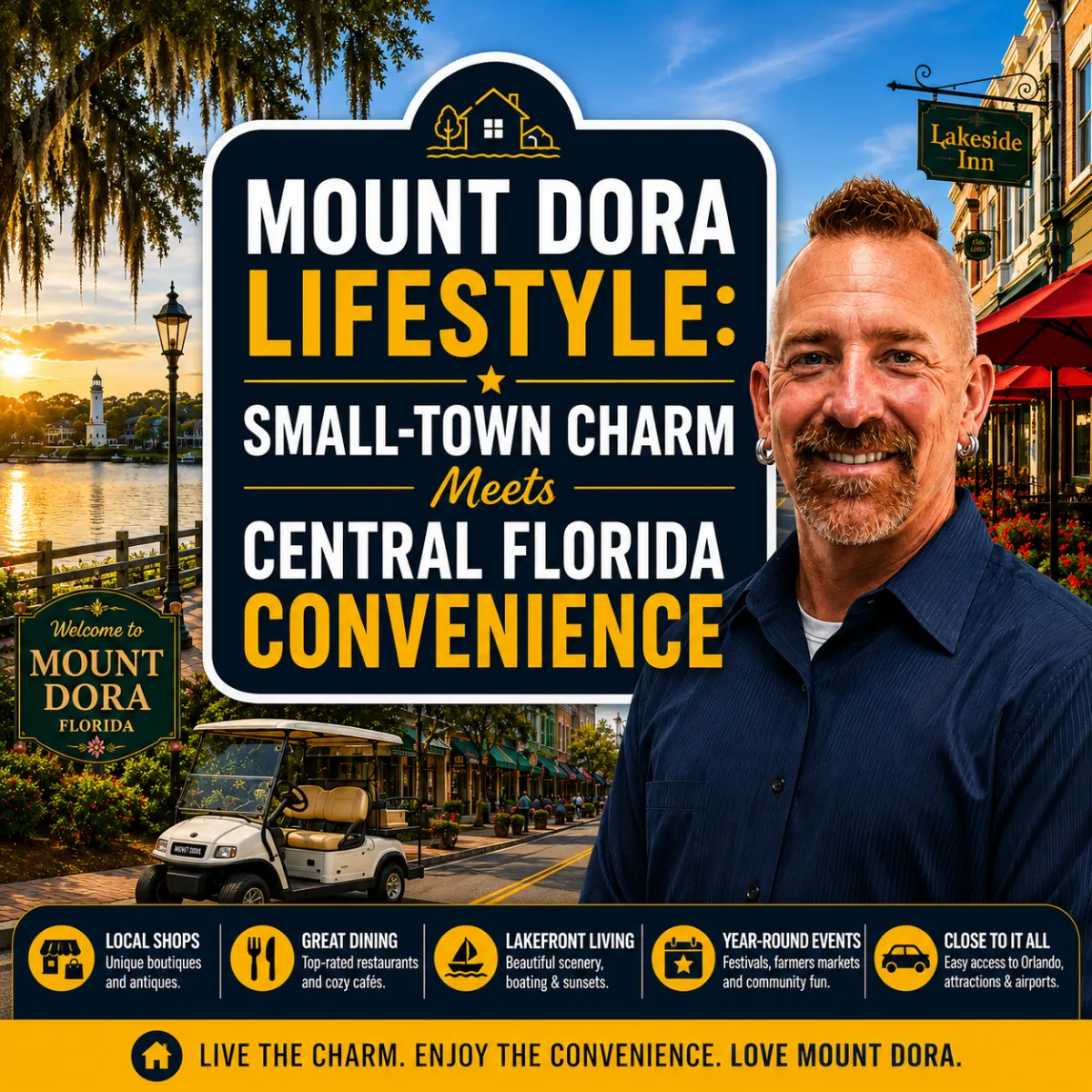 Scenic downtown Mount Dora, Florida, featuring charming local shops, lakeside views, and a walkable historic district that showcases the city's small-town lifestyle with convenient access to Central Florida.